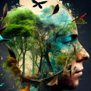 visage de profil avec image de forêt et d'oiseaux