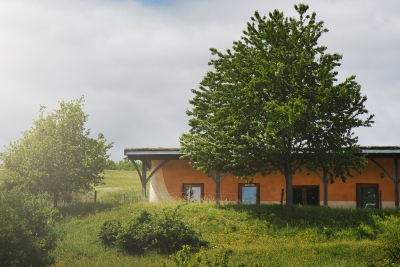 Bâtiment écoconstruit dans la nature avec arbre et prairie
